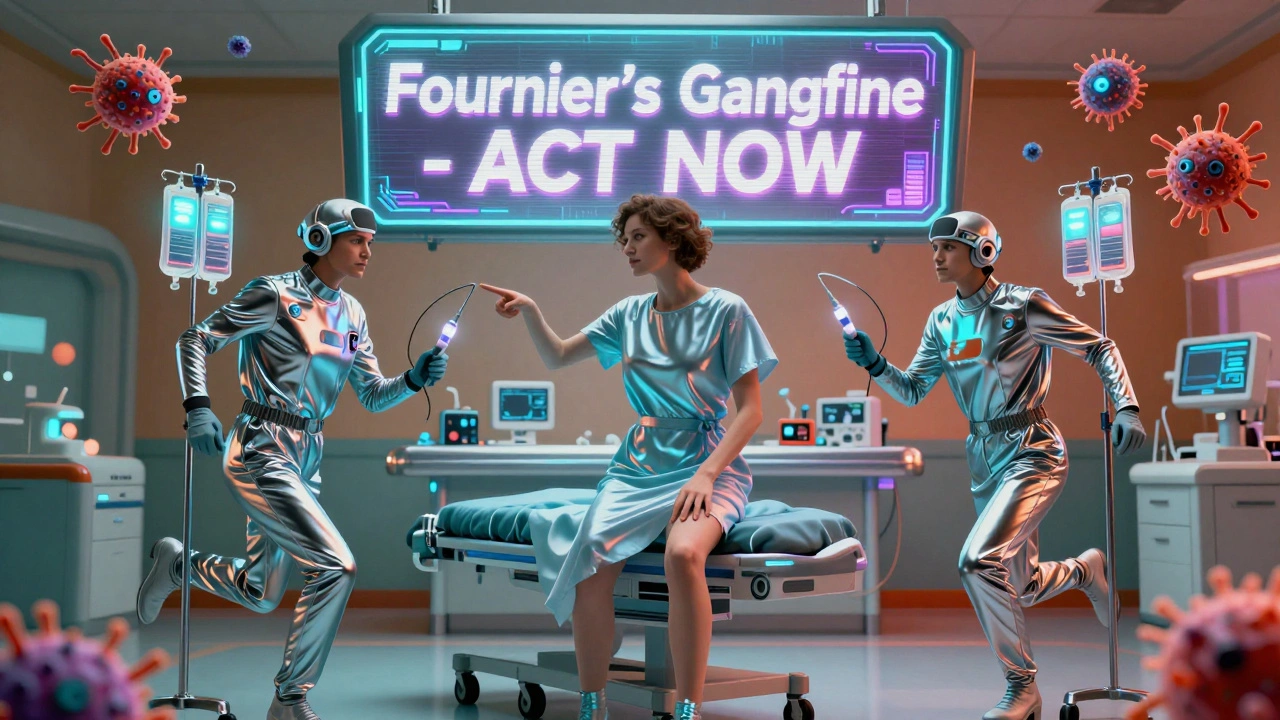 Emergency doctors rush to treat a patient with a holographic warning and glowing medical tools, bacteria shaped like robots in the background.