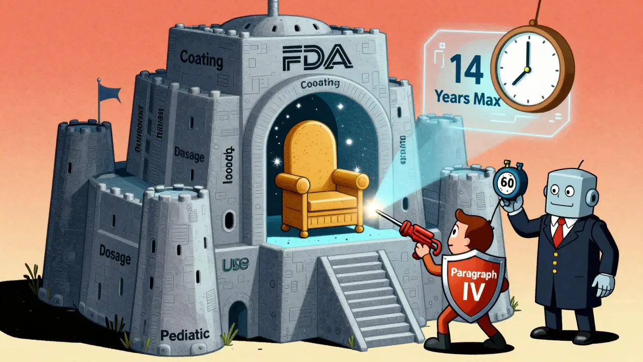 Fortress of layered patents protecting a pill throne as a generic hero hacks through with a Paragraph IV shield.