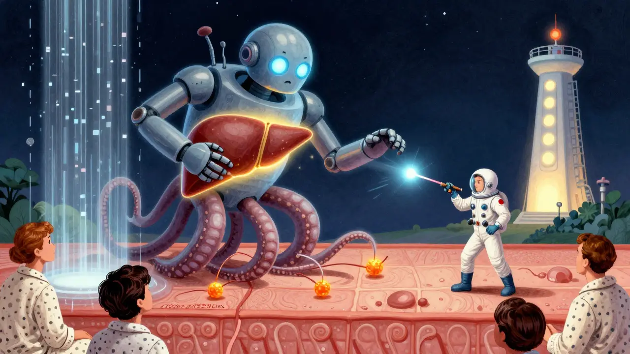 Giant autotaxin robot pulling itch signals, scientist firing laser to disable it in retro-futuristic scene.