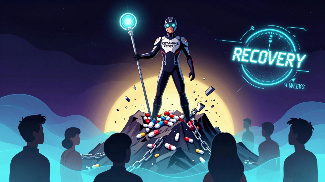 Hero using a NMDA-blocker scepter to destroy opioid pills, patients emerging into calm light as pain fades.