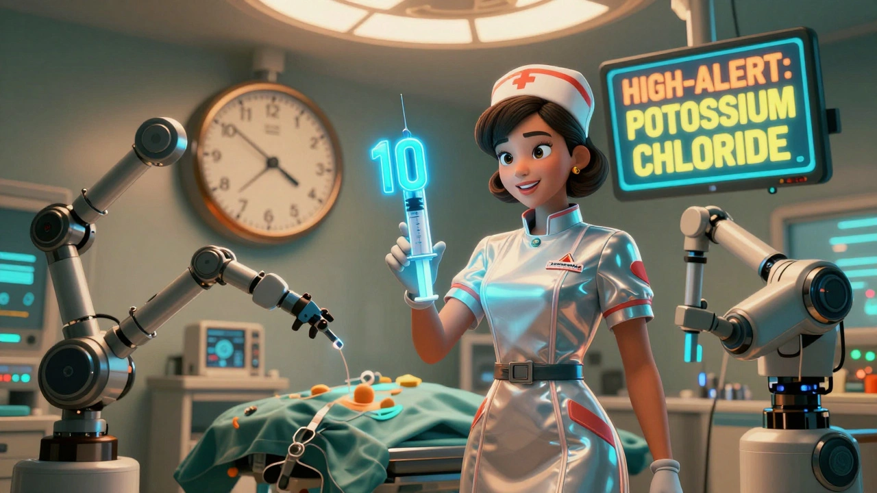 Nurse scanning a barcode in a neon-lit operating room with robotic double-checkers and high-alert drug warnings.