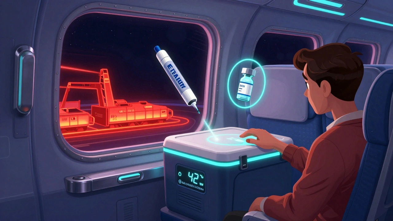 Passenger places smart cooler under airplane seat while warning halos glow around critical meds.