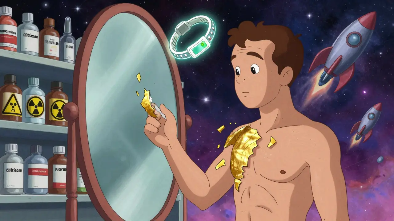 Patient's skin peeling into golden flakes, with warning drug bottles and floating medical alert bracelet in cosmic setting.