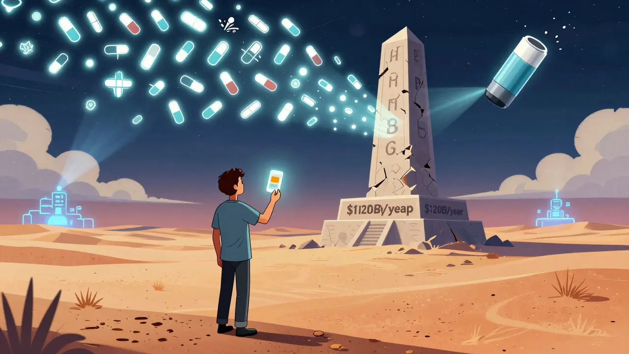 Patient holding a faintly glowing patch in a desert of drug access gaps, with shattered generic drug icons overhead.