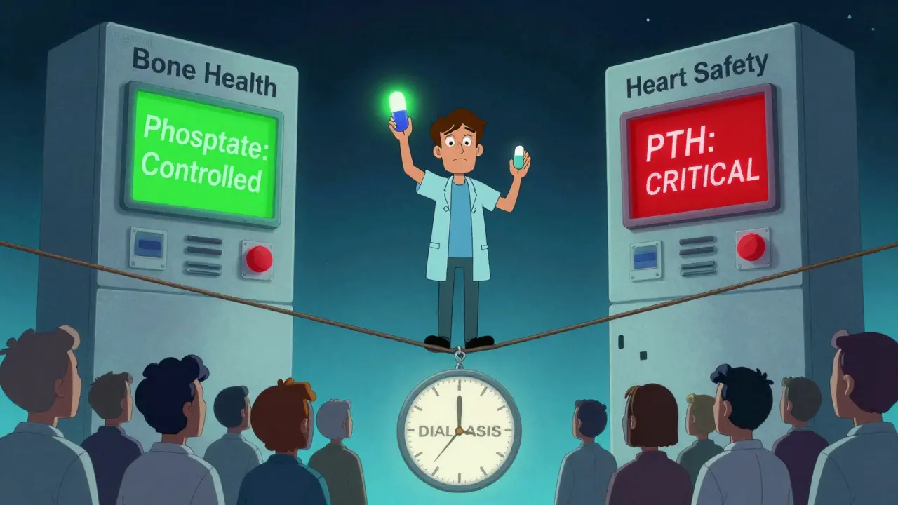 Patient on tightrope between bone and heart health panels, holding vitamin D and phosphate binder, with digital clock ticking toward dialysis.