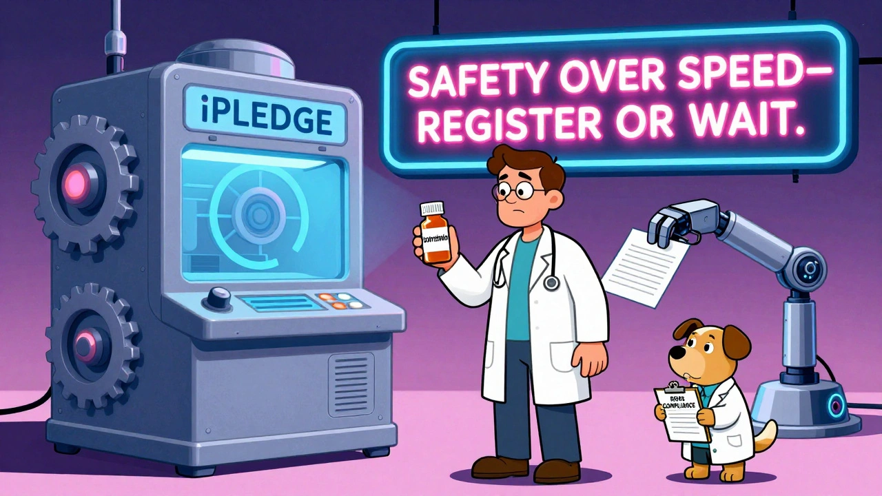 Patient registering for isotretinoin at a giant mechanical iPLEDGE machine with neon sign.