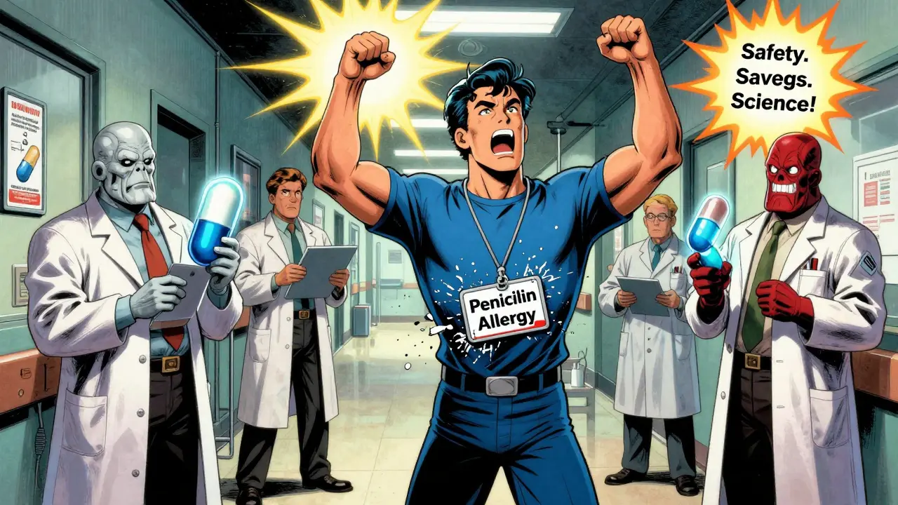 Patient removing a shattered allergy badge as safer antibiotics glow beside them in a retro-futuristic hospital.