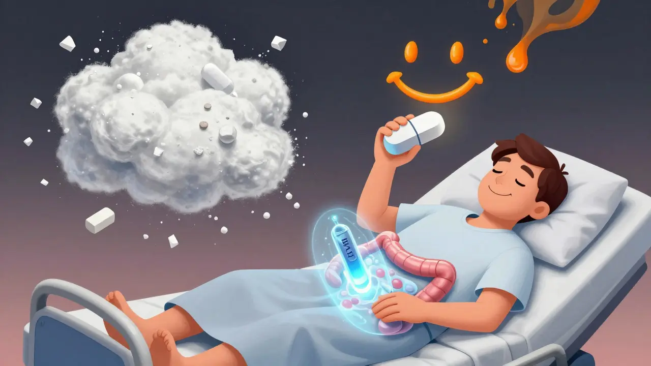 Patient taking a futuristic pill as bile acid cloud crumbles, orange urine forms a smiley face above them.