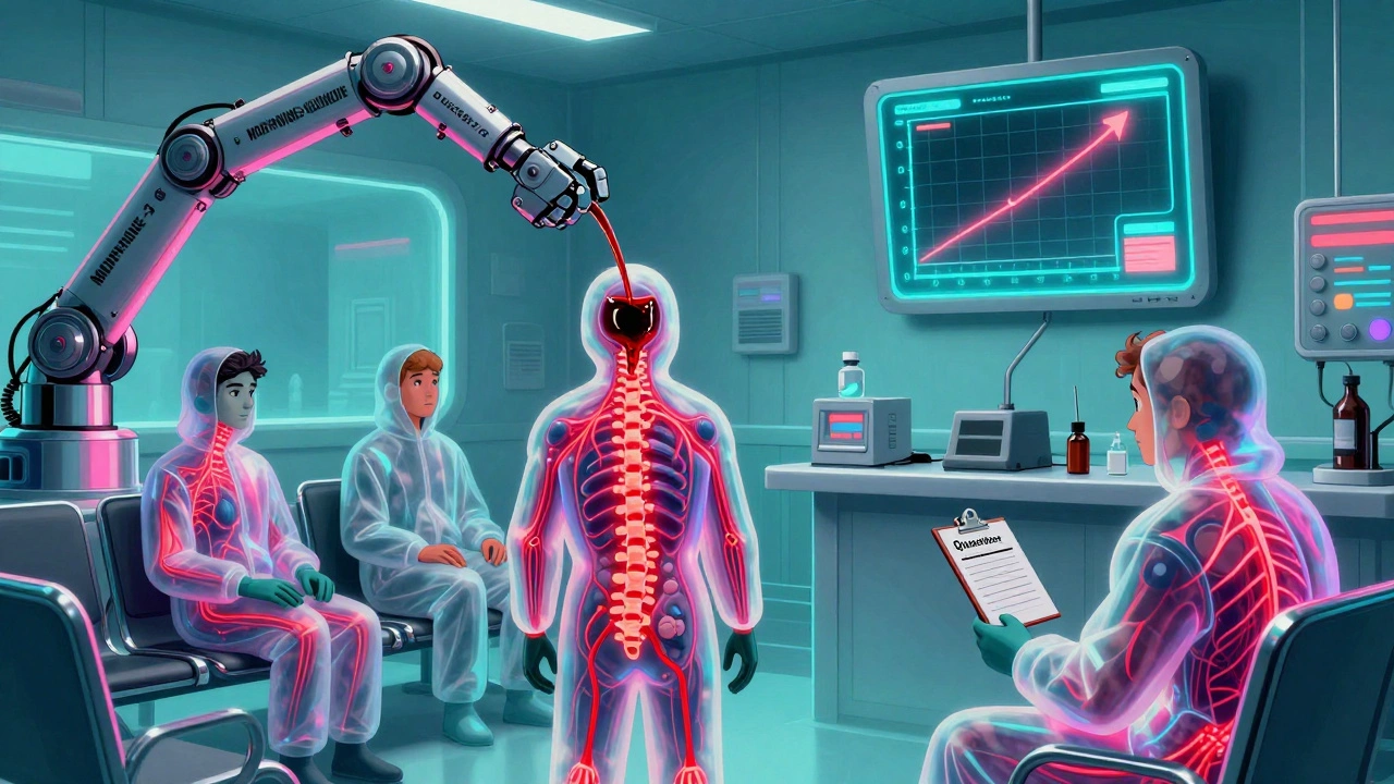 Patients in translucent suits showing overstimulated nerves, a machine pouring toxins into spines, in a retro-futuristic clinic.