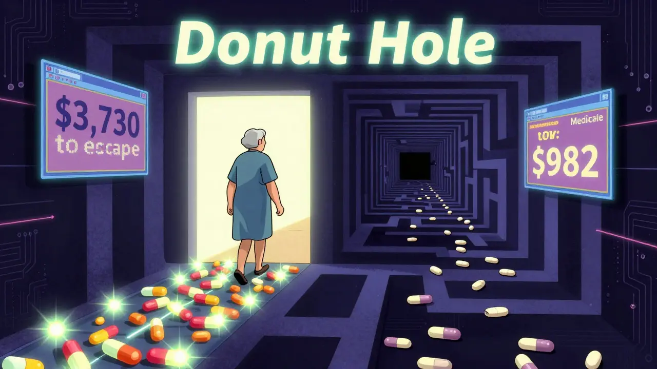 Person walking through a maze labeled 'Donut Hole,' with brand-name pills lighting the way out while generics lead nowhere.