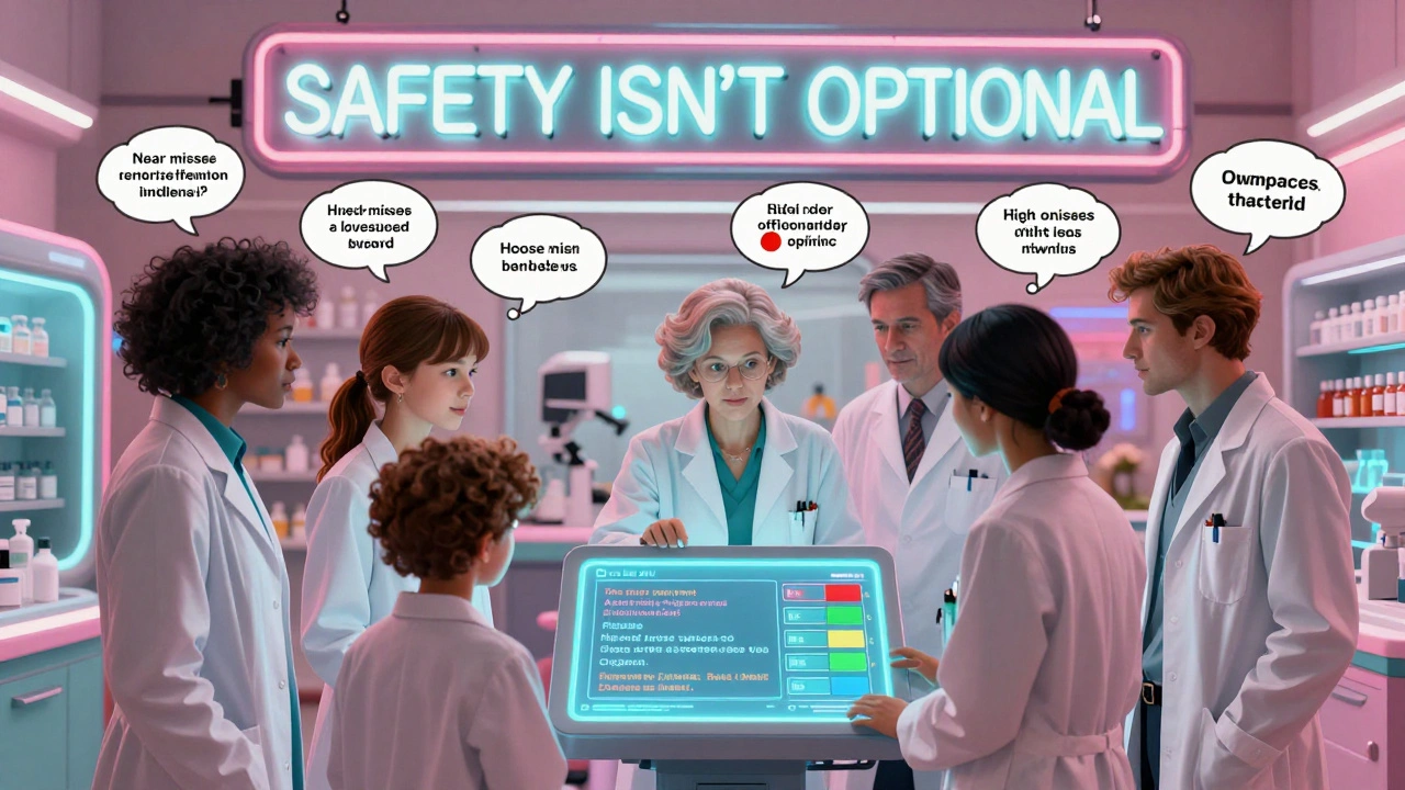Pharmacy team gathered around a glowing screen with AI alerts, thought bubbles showing saved lives.