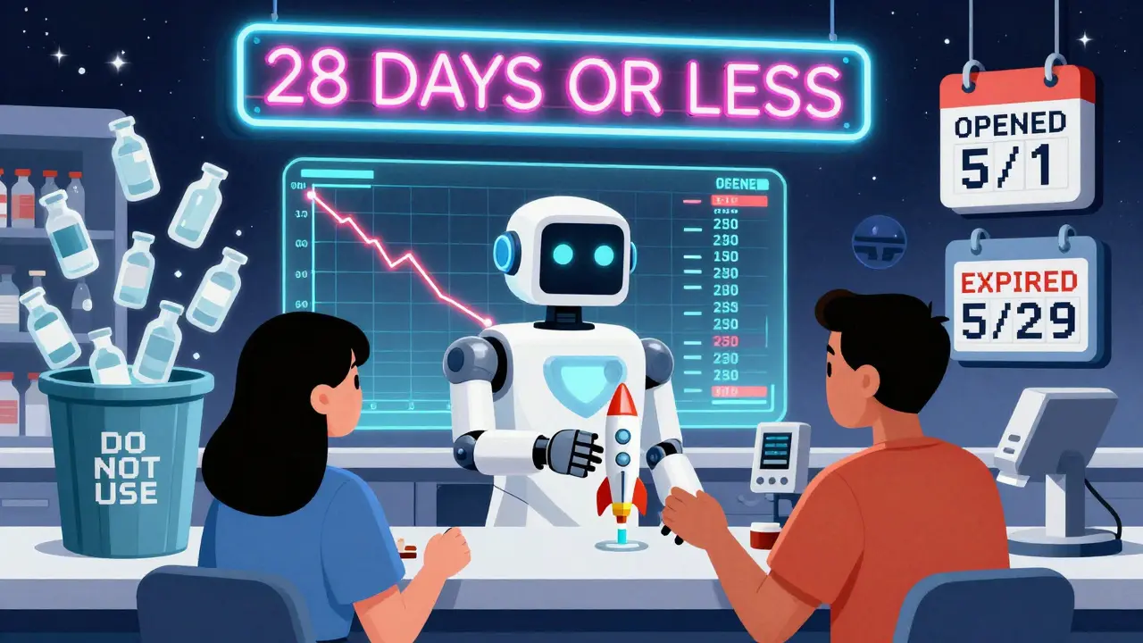 Robot pharmacist handing a rocket-shaped sharps container, hologram showing insulin potency declining over time.