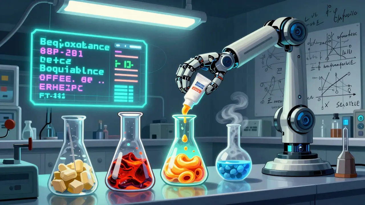 Robotic lab trying to replicate cream as holograms show failed bioequivalence tests in pixelated 80s style.