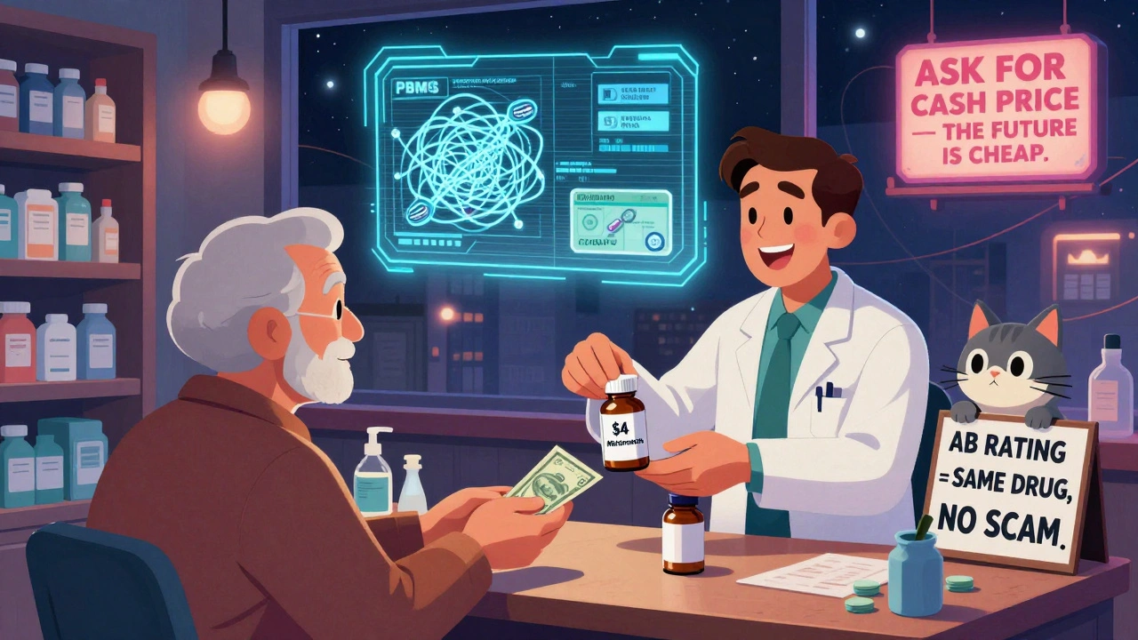 Senior receiving a  generic pill bottle in a neon pharmacy, with holograms showing money flowing to patient instead of middlemen.