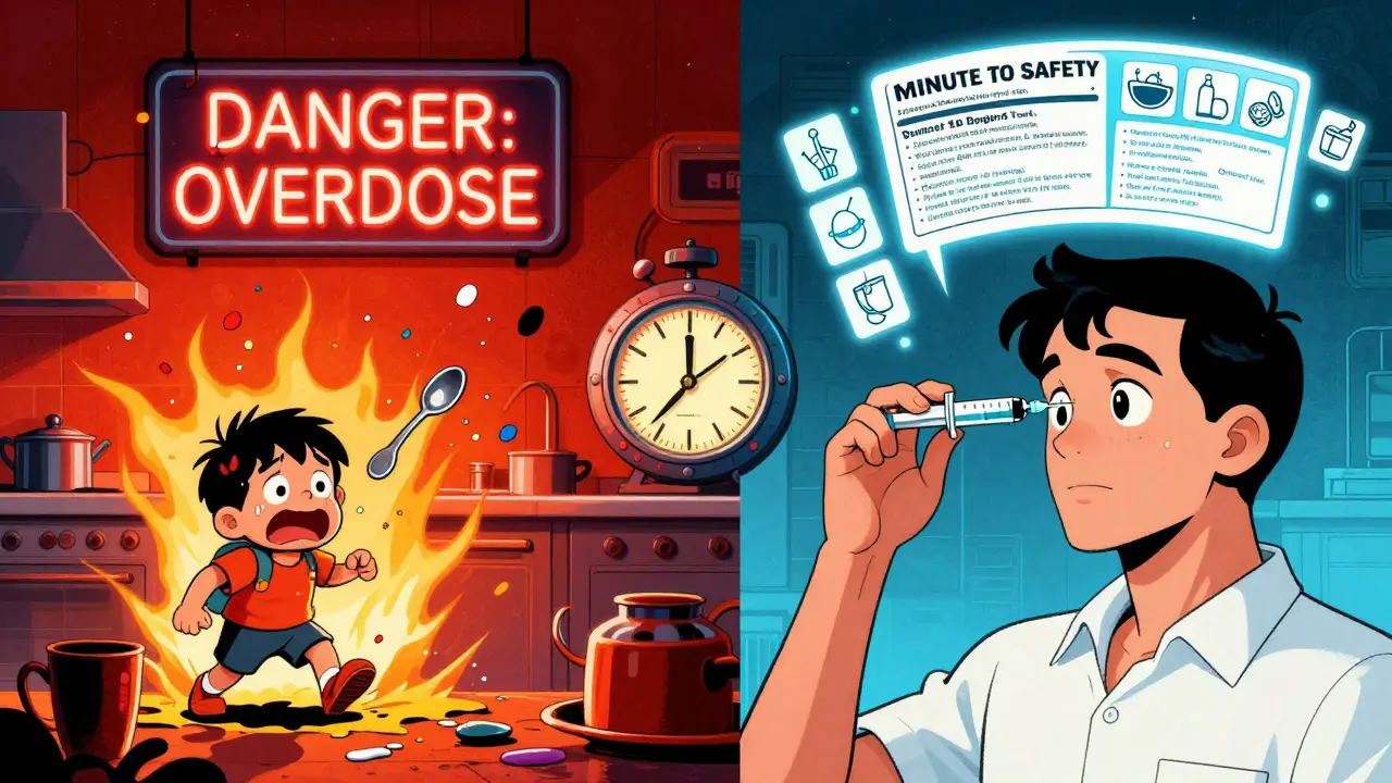 Split scene: chaotic kitchen overdose vs. calm parent safely measuring medicine with syringe.