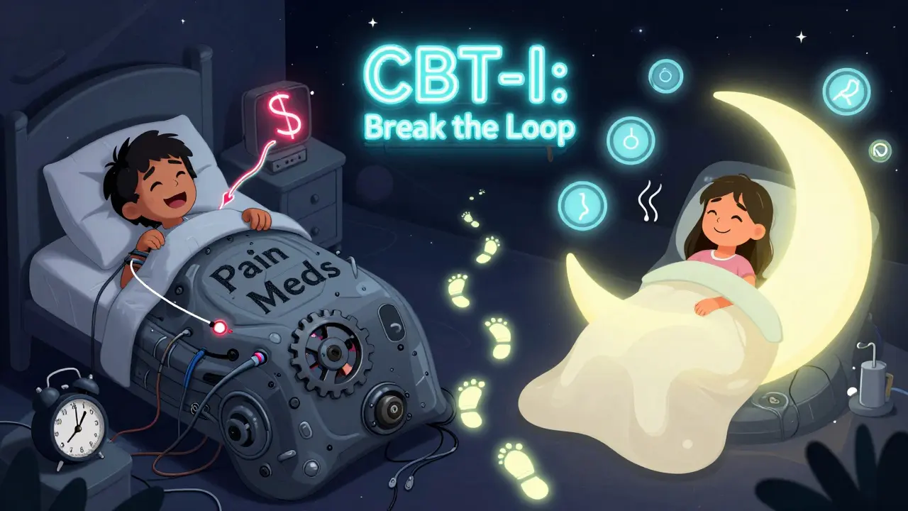 Split scene: chaotic pain-med bed vs. calm CBT-I sleep routine, connected by a neon path labeled 'Break the Loop'.