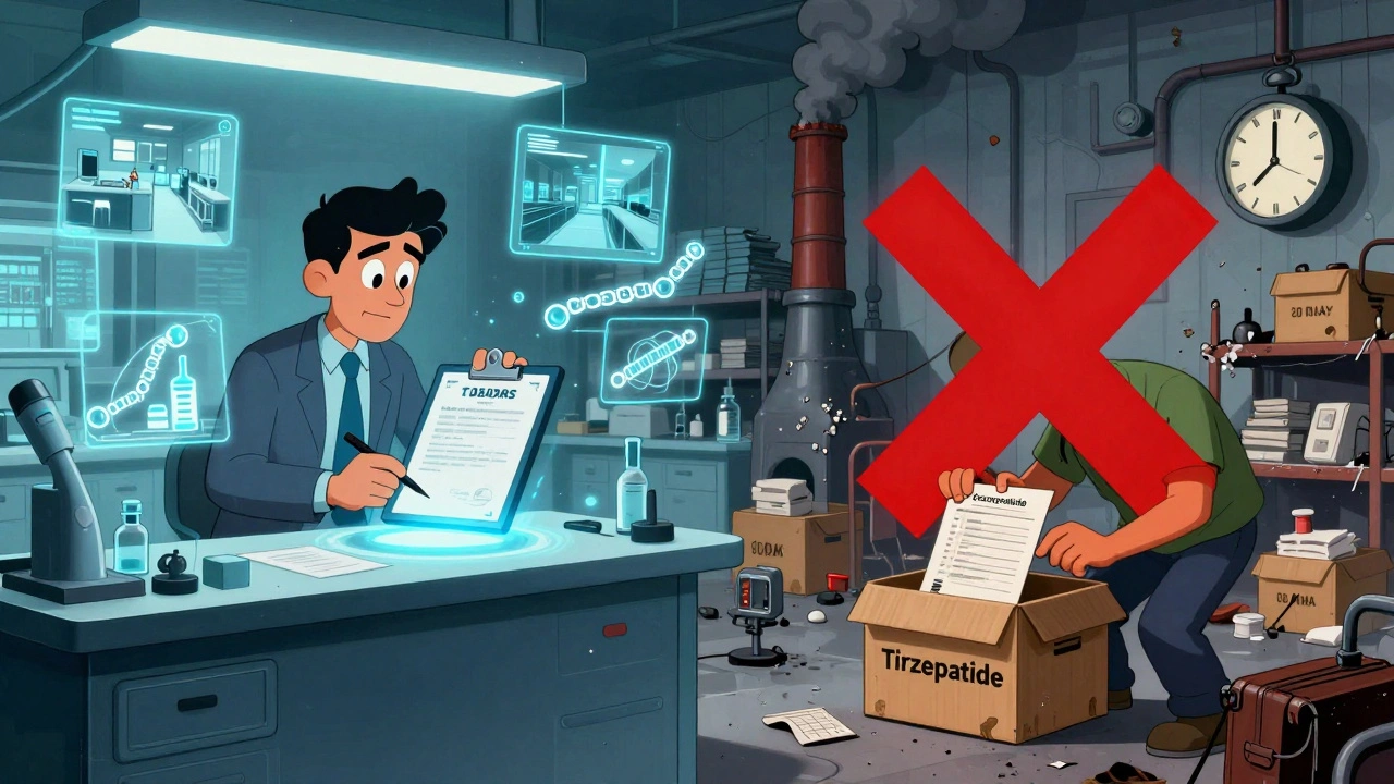 Split scene: compliant FDA-certified lab versus chaotic factory with fake paperwork and a giant red rejection mark.