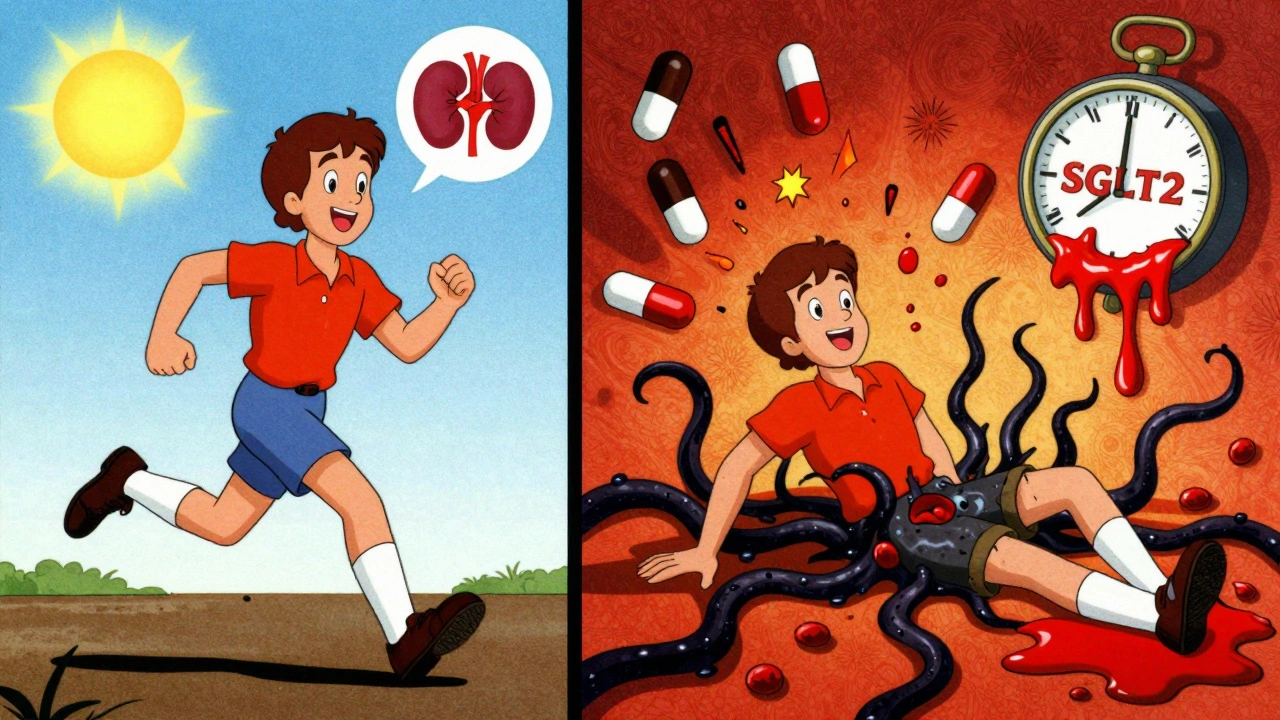Split scene: one side shows a healthy patient with heart and kidney icons, the other shows infection tendrils erupting as drug capsules shatter.