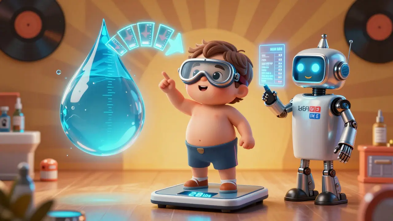 Toddler on a floating scale as a robot pharmacist shows a holographic dosing chart.