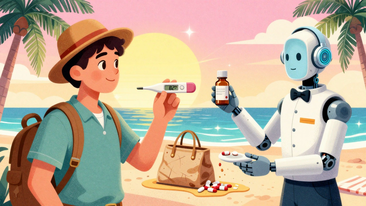 Traveler checks thermometer above damaged pills as robotic concierge offers replacement at tropical resort.