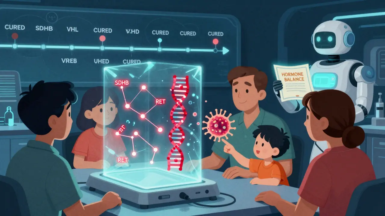 A family viewing a genetic scan showing hereditary tumor genes glowing in retro-futuristic style.