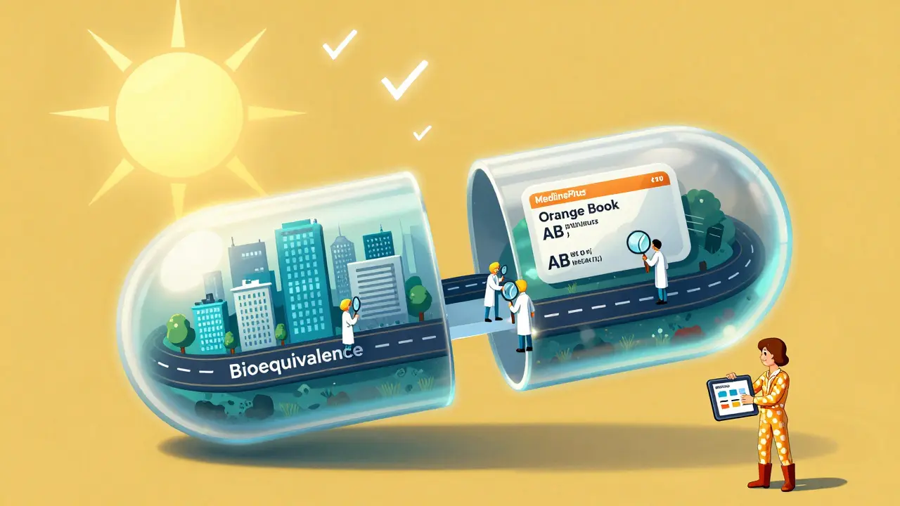 A giant pill split open to reveal a city of drug labels and patients checking FDA ratings in retro-futuristic art.