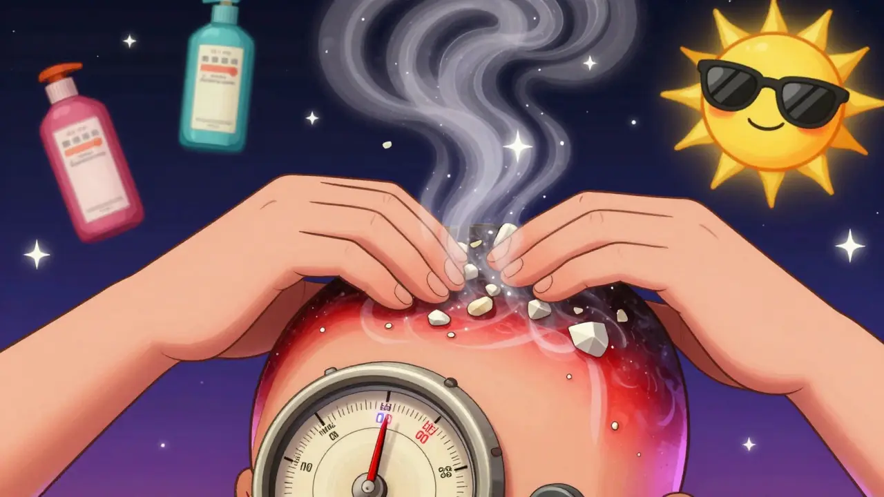 A hand applying shampoo to a radio-dial scalp with a glowing 5-minute timer and dissolving flakes.