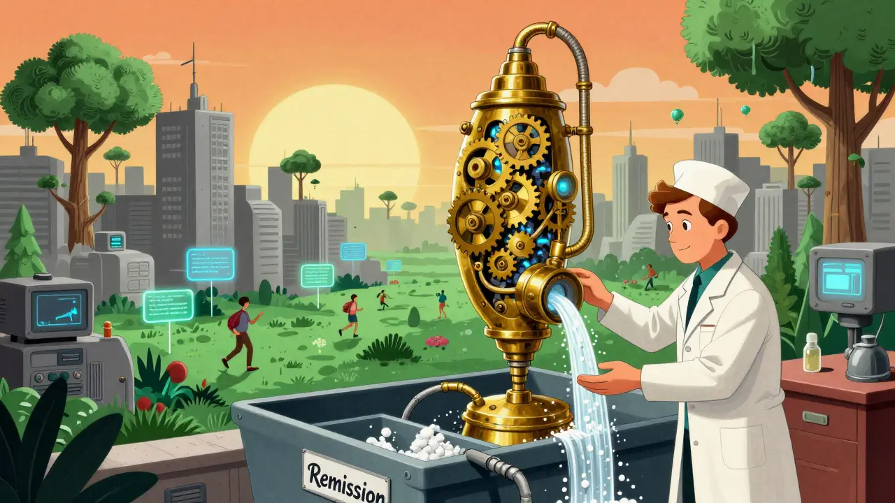 A mechanical pancreas being reset to restore health, with a city transforming from sick to vibrant.