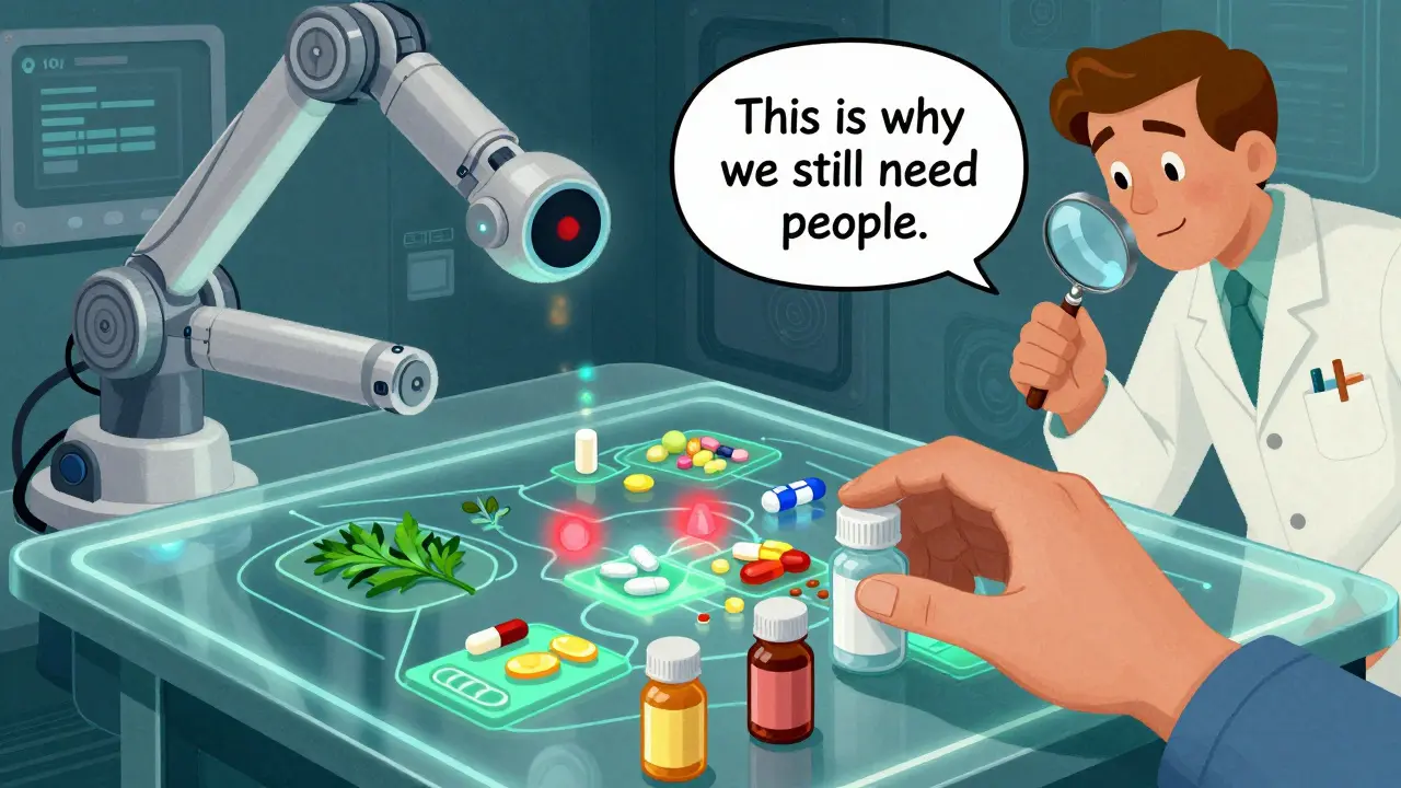 A patient's pill bottles project a 3D drug map with warning pulses, reviewed by a pharmacist.