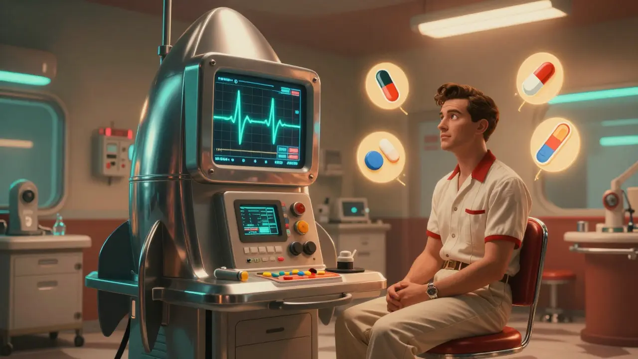 A patient in a 1950s outfit beside a rocket-like ECG machine with floating medication icons.