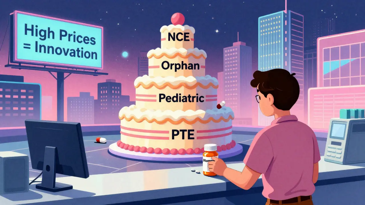 A patient reaches for a drug as a towering stack of patents and exclusivities looms overhead.