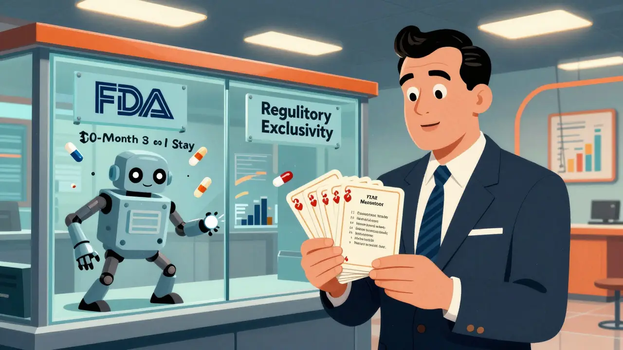 A pharmaceutical executive holds many patents while a generic drug robot faces legal barriers.