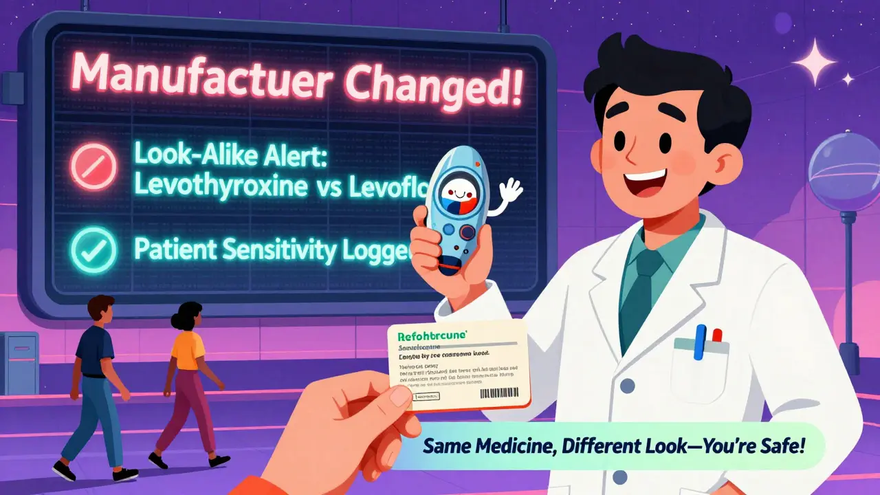A pharmacist gives a patient a spaceship-shaped info card about generics, while a digital wall displays safety alerts in retro-futuristic style.