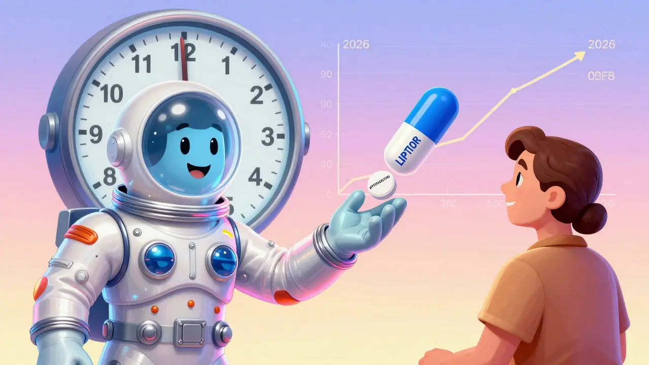 A pharmacist hands a transforming pill from brand-name to generic, with price tags falling in the background.