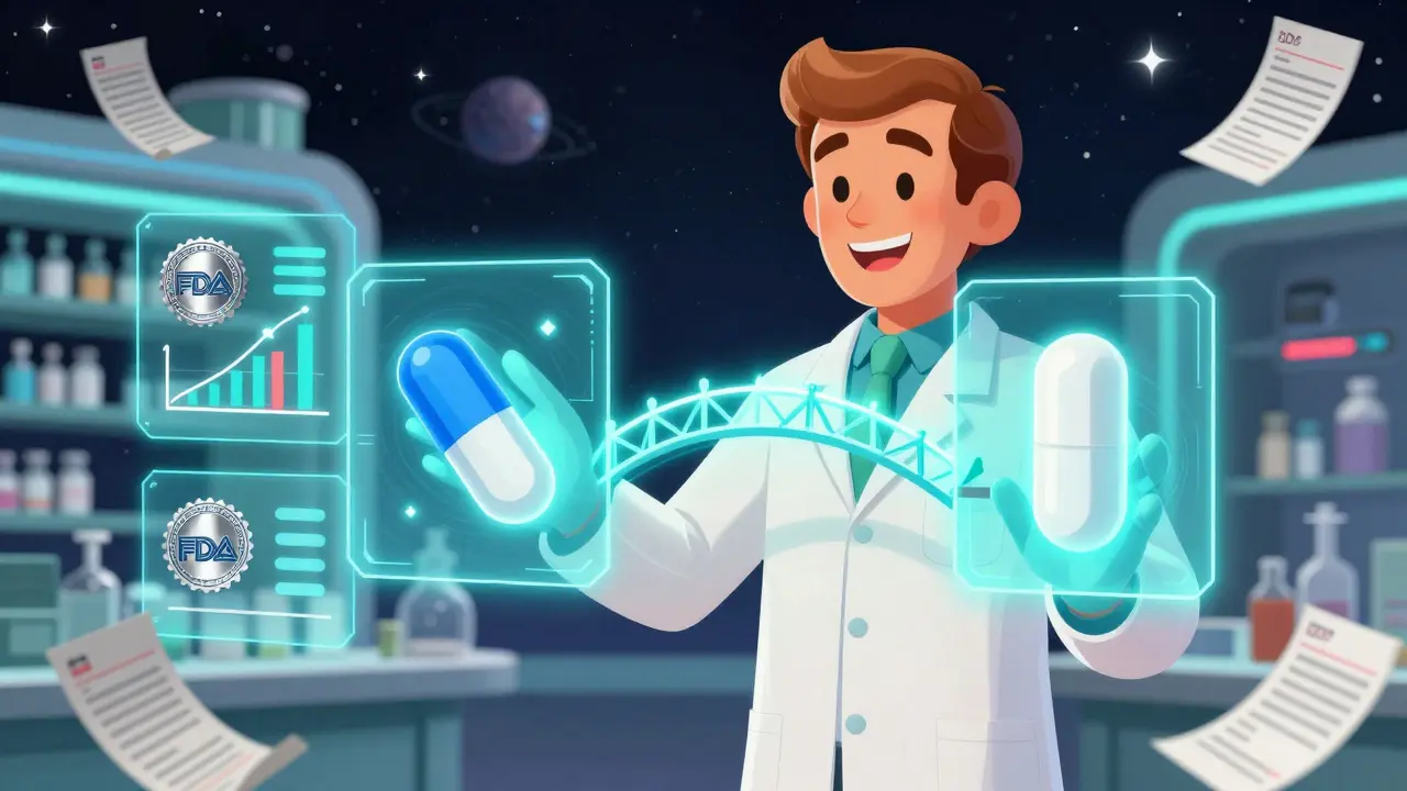 A pharmacist holds a glowing infographic comparing brand and generic pills, with holographic savings data and FDA badges in retro-futuristic style.
