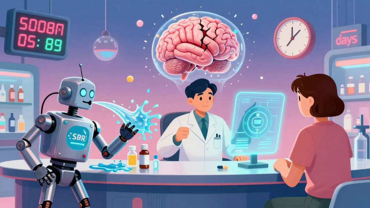 A pharmacist warns a patient about dangerous drug interactions using holograms of clashing robots and a cracking brain.