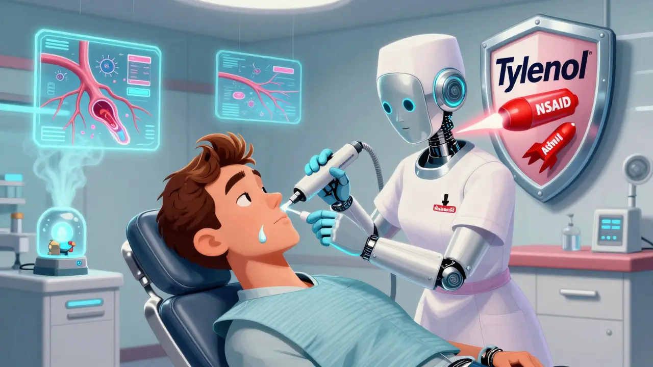 A robotic nurse applies glowing nasal gel to a patient in a futuristic clinic, with holograms of safe and harmful meds floating around.