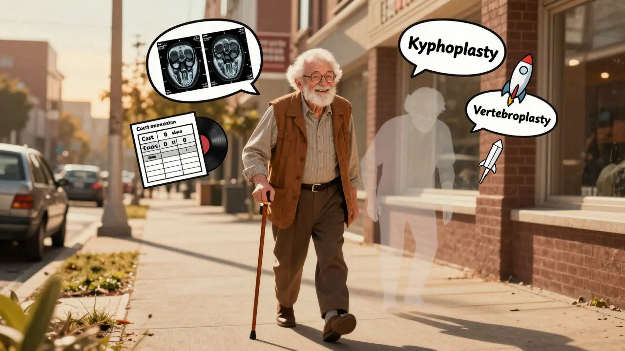 A senior walking upright with a fading hunched silhouette behind them, floating sci-fi medical icons in a 70s-inspired cityscape.