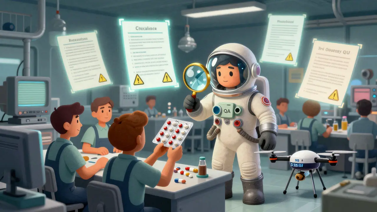 A small factory's QA technician is overwhelmed by compliance documents while production workers try to sneak out faulty products, with a support drone nearby.