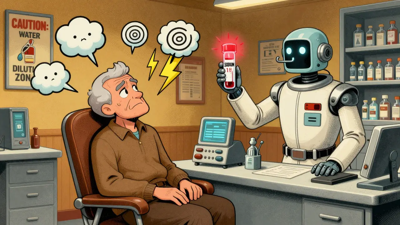 An elderly patient surrounded by floating symptoms of low sodium, watched by a robotic pharmacist holding a warning blood test.