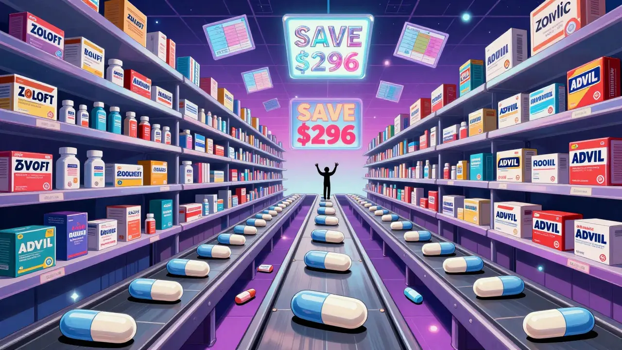 An infinite pharmacy shelf with brand-name and generic pills on conveyor belts under a 'SAVE 6' sign.