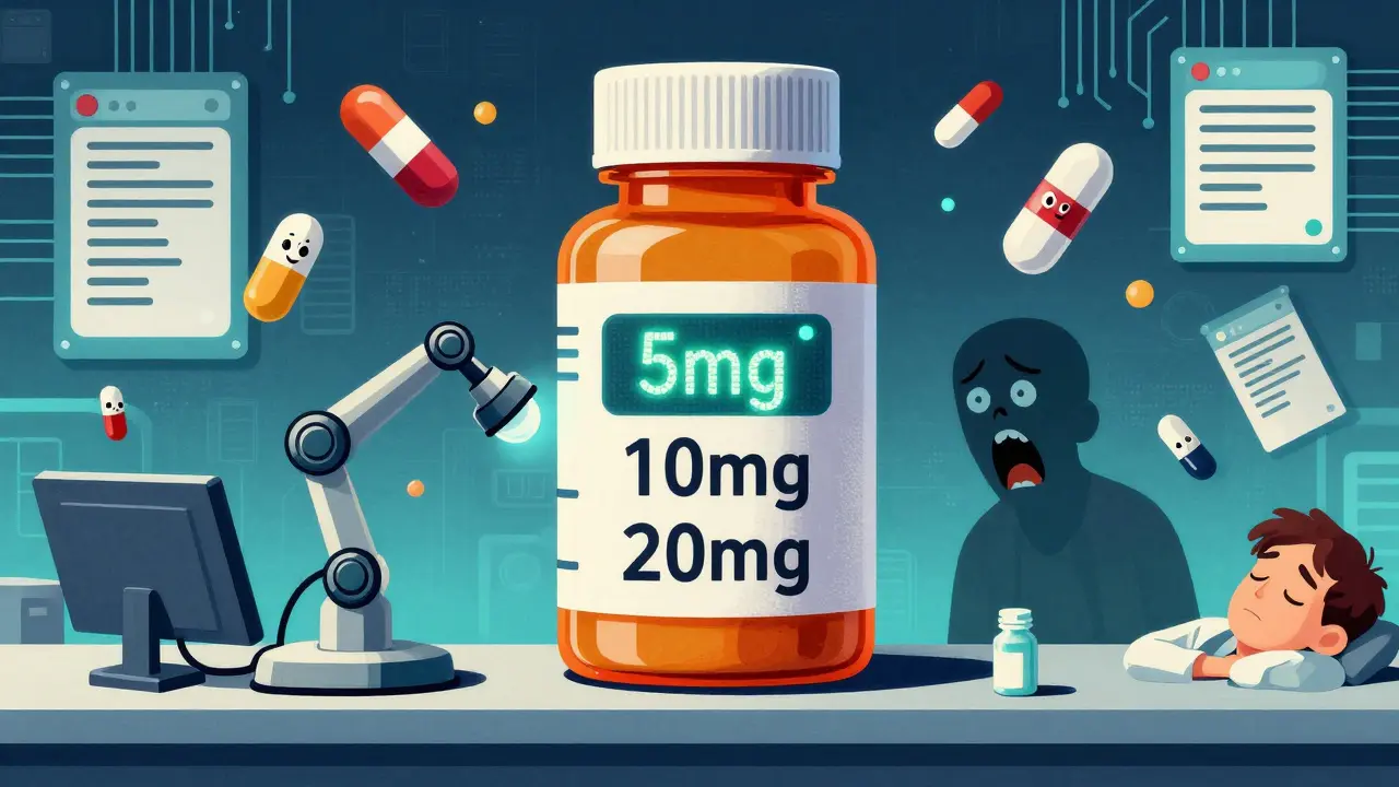 An oversized pill bottle with flickering dosage labels looms over a pharmacy counter as robotic arms and mislabeled drug faces float around.