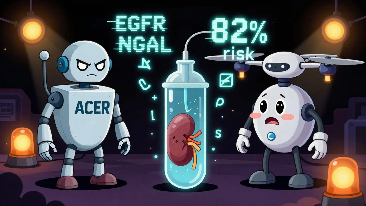 Anthropomorphic medical devices in a standoff over a vulnerable kidney, surrounded by digital risk indicators.