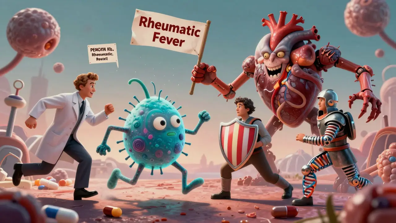 Antibiotic warriors fighting a rheumatic fever monster in a surreal medical world