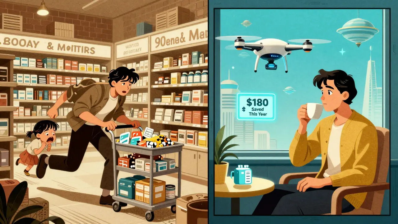 Contrasting scenes: chaotic retail pharmacy vs. calm mail-order delivery with savings counter.