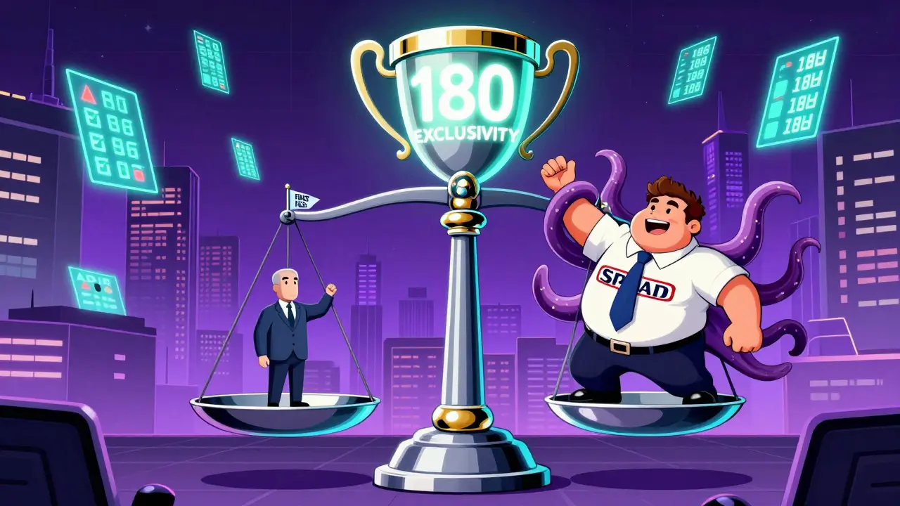 Courtroom scale with generic company winning against a patent-tentacled corporation under glowing exclusivity trophy.