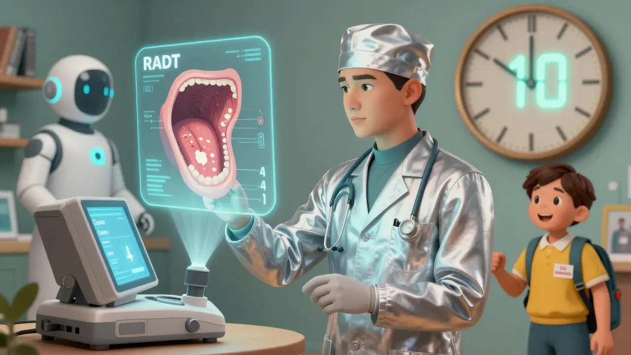 Doctor using a holographic diagnostic device to check strep symptoms in a 1960s space-age clinic