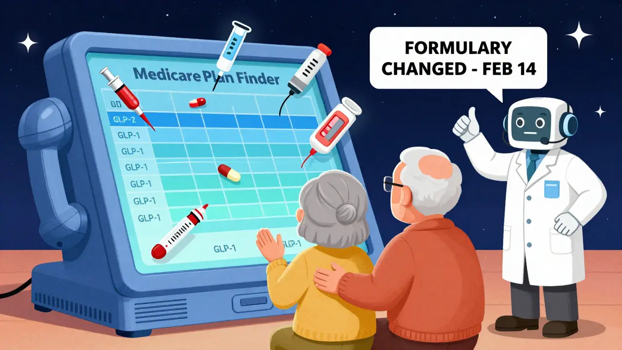 Elderly couple using a rotary-shaped touchscreen to check Medicare drug tiers.