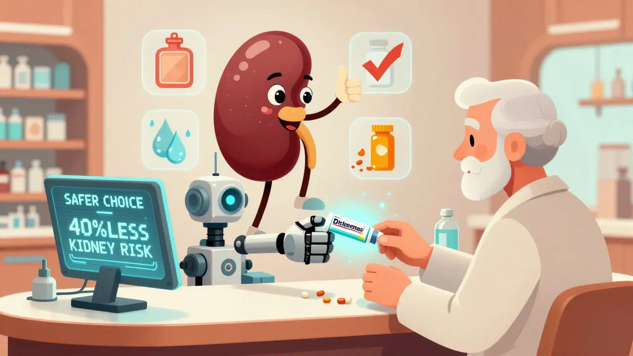 Elderly person receiving topical pain gel from a robot pharmacist, with a happy kidney and safety icons in background.