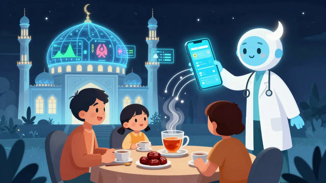 Family breaking fast under a holographic mosque with health data projections and a floating medication app.